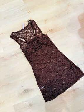 Brown Floral Lace Sleeveless Dress